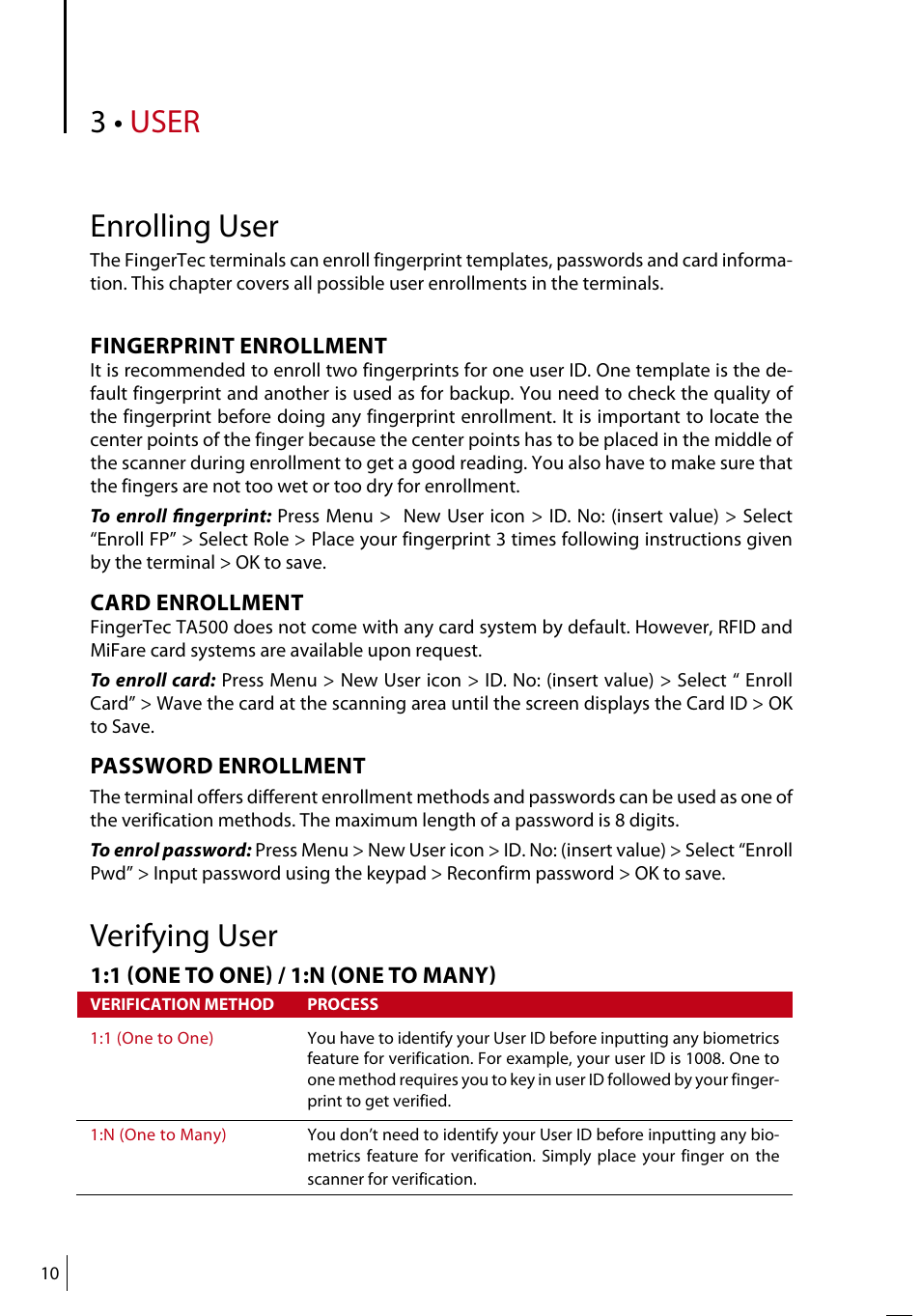 User enrolling user, Verifying user | FingerTec TA500 Manual User Manual | Page 9 / 26