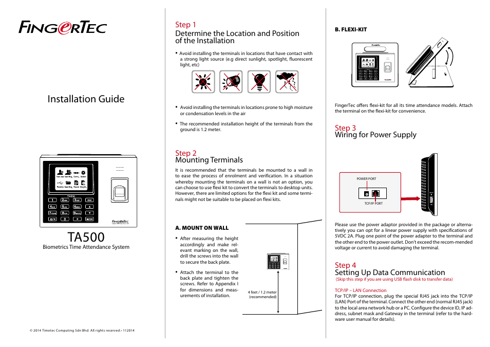 FingerTec TA500 Installation Guide User Manual | 2 pages