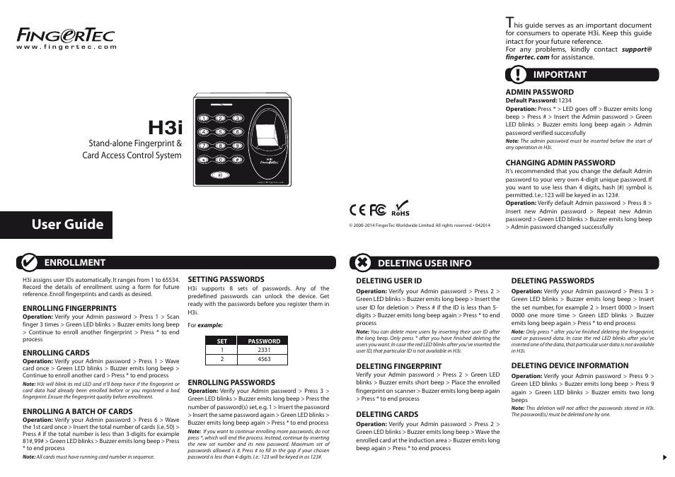 FingerTec H3i Manual User Manual | 2 pages