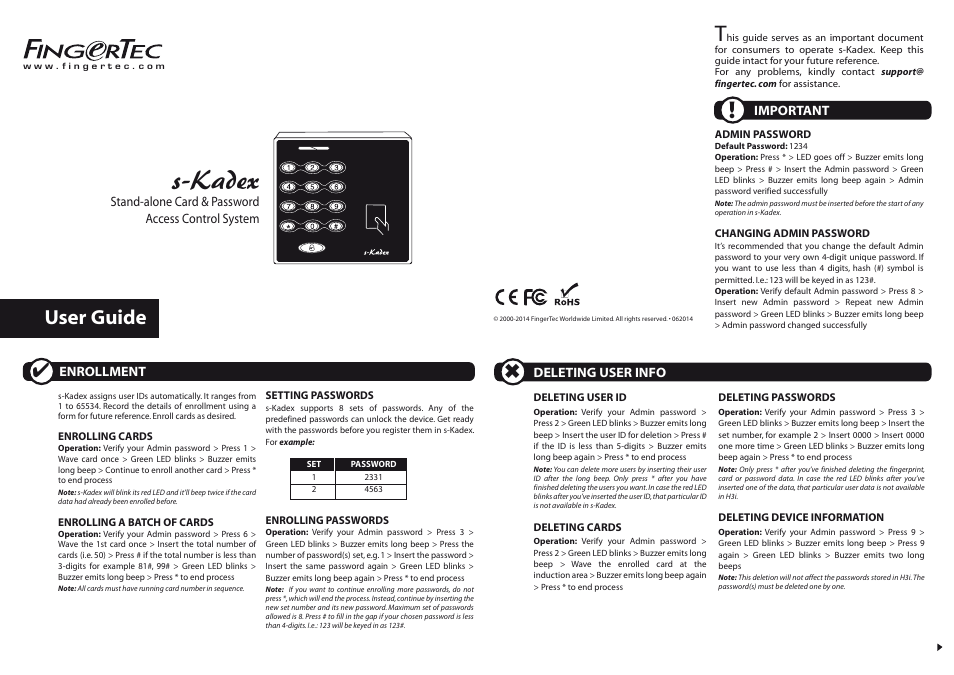 FingerTec s-Kadex Manual User Manual | 2 pages