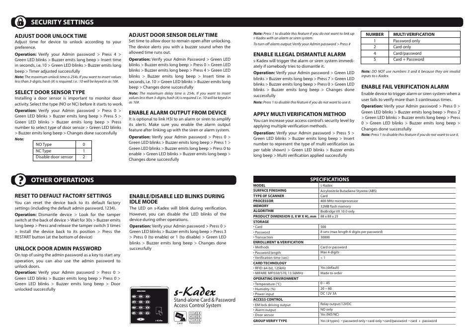 S-kadex, Security settings, Other operations | FingerTec s-Kadex Manual User Manual | Page 2 / 2