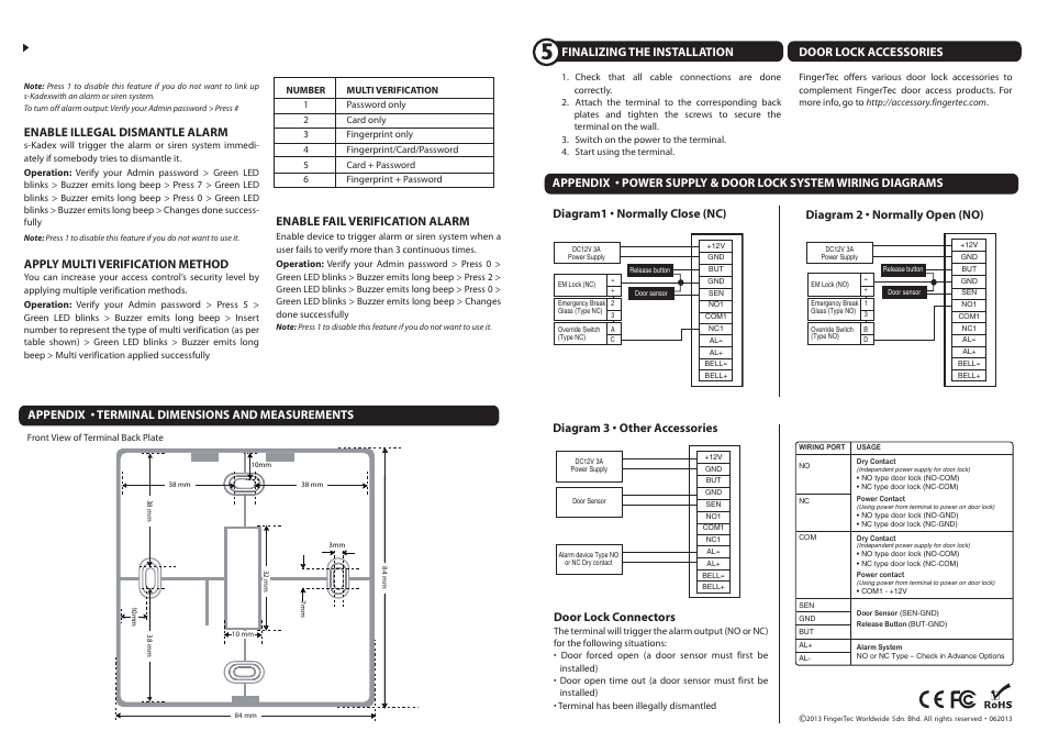 Enable illegal dismantle alarm, Apply multi verification method, Enable fail verification alarm | Finalizing the installation, Appendix • terminal dimensions and measurements, Door lock accessories | FingerTec s-Kadex Installation Guide User Manual | Page 2 / 2