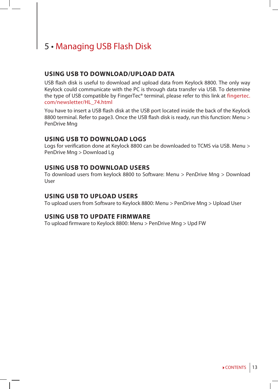 Chapter 5 • managing usb flash disk, Using usb to download/upload data, Using usb to download logs | Using usb to download users, Using usb to upload users, Using usb to update firmware, 5 • managing usb flash disk | FingerTec Keylock 8800 Manual User Manual | Page 13 / 16