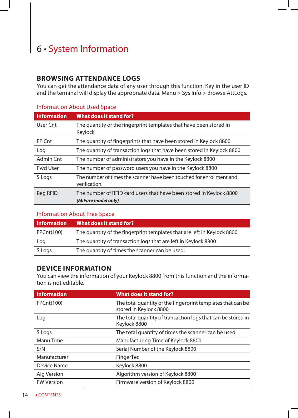 Chapter 6 • system information, Browsing attendance logs, Device | Information, 6 • system information, Device information | FingerTec Keylock 8800 Manual User Manual | Page 14 / 16
