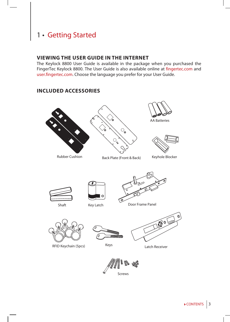 Chapter 1 • getting started, Viewing the user guide in the internet, Included | Accessories, Included printed materials, Installing keylock 8800, Activating keylock 8800, Registering, Warranty, 1 • getting started | FingerTec Keylock 8800 Manual User Manual | Page 3 / 16