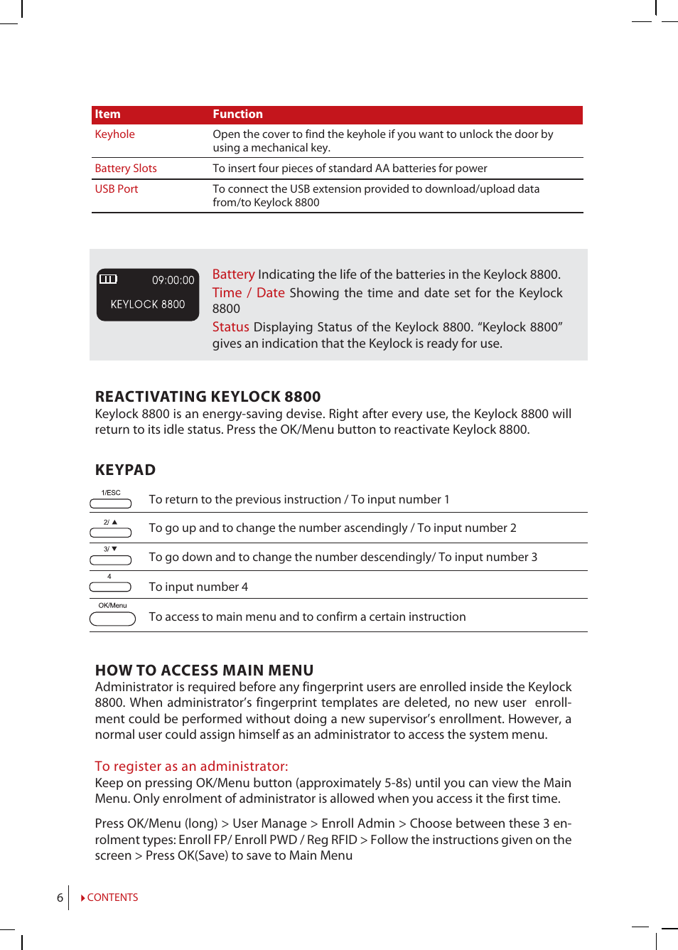 Reactivating keylock 8800, Keypad, How to access main menu | FingerTec Keylock 8800 Manual User Manual | Page 6 / 16
