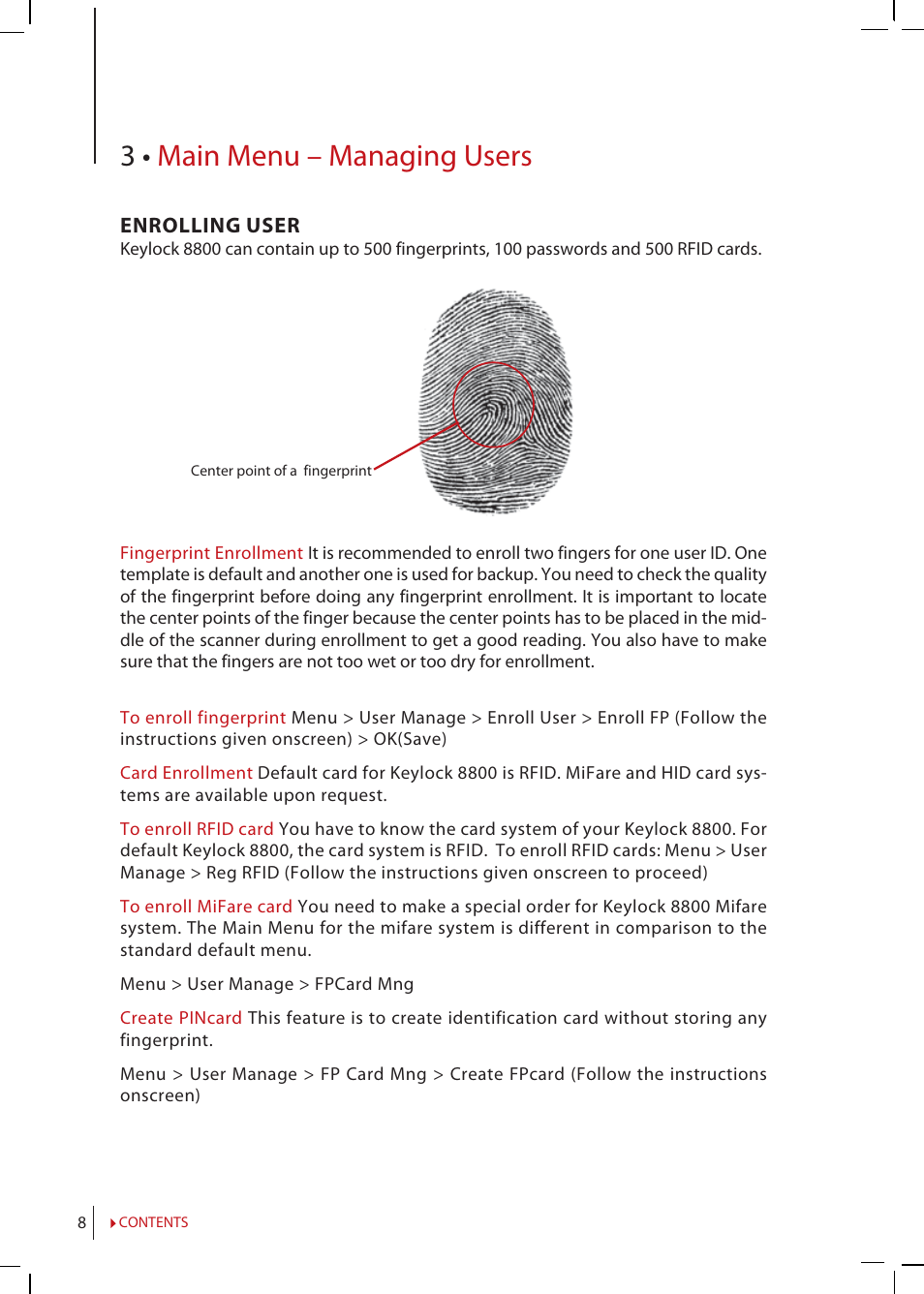 Chapter 3 • main menu-managing users, Enrolling, User | Verifying, Deleting, Access, Level/privilege, 3 • main menu – managing users | FingerTec Keylock 8800 Manual User Manual | Page 8 / 16