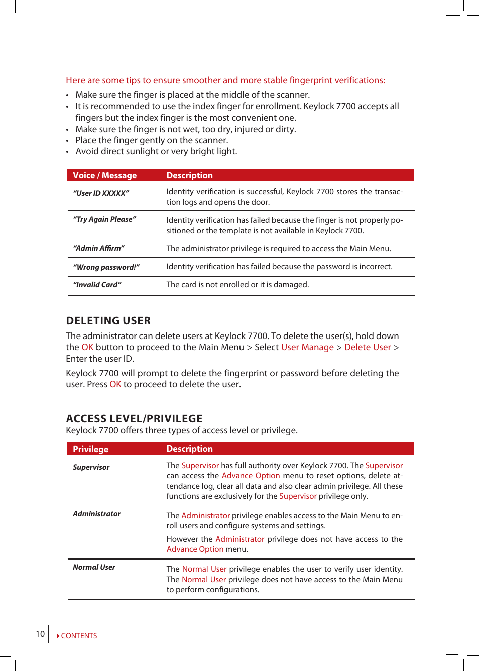 Deleting user, Access level/privilege | FingerTec Keylock 7700 User Manual | Page 10 / 18