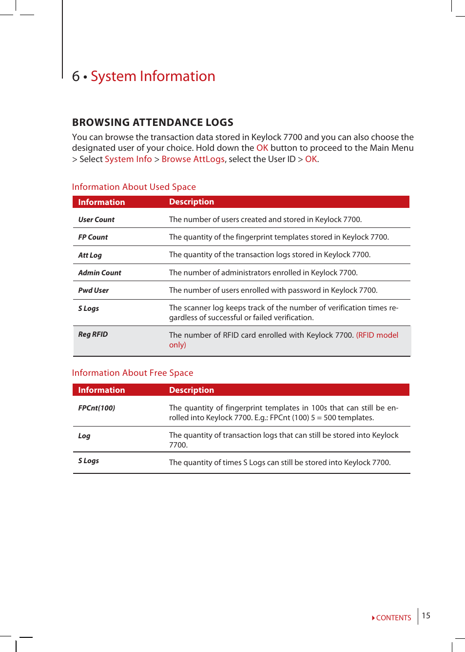 Chapter 6 • system information, Browsing attendance logs, Device | Information, 6 • system information | FingerTec Keylock 7700 User Manual | Page 15 / 18