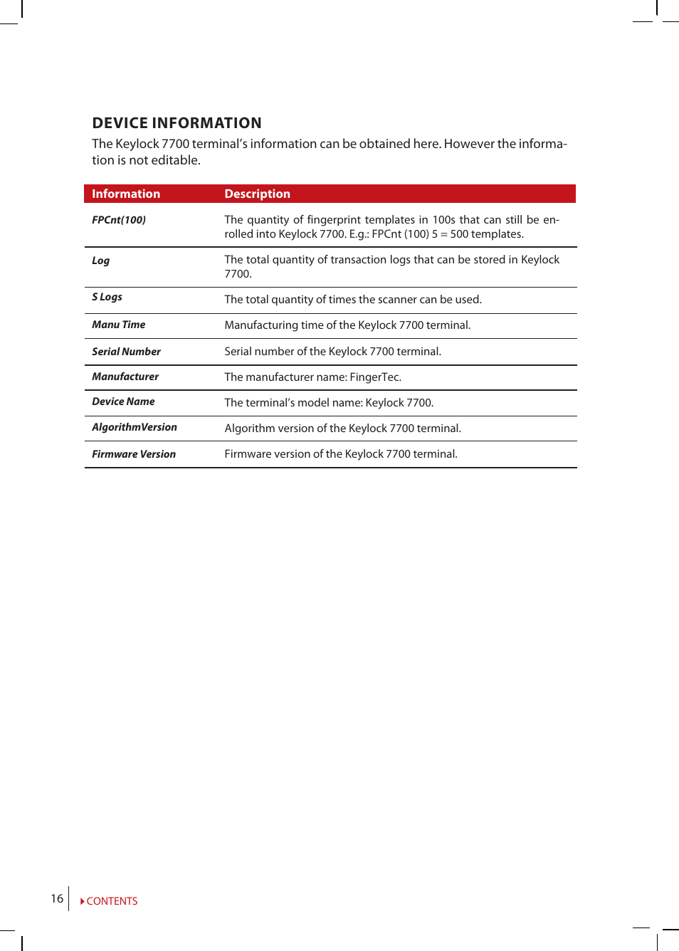 Device information | FingerTec Keylock 7700 User Manual | Page 16 / 18