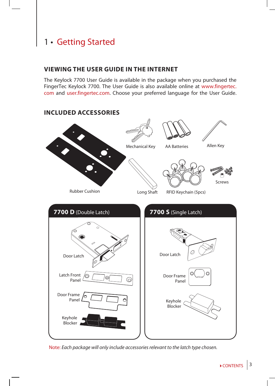 Chapter 1 • getting started, Viewing the user guide in the internet, Included | Accessories, Included printed materials, Activating keylock 7700, Registering, Warranty, 1 • getting started, 7700 d | FingerTec Keylock 7700 User Manual | Page 3 / 18