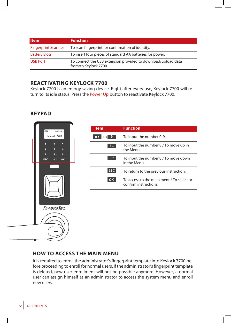Reactivating keylock 7700, Keypad, How to access the main menu | FingerTec Keylock 7700 User Manual | Page 6 / 18