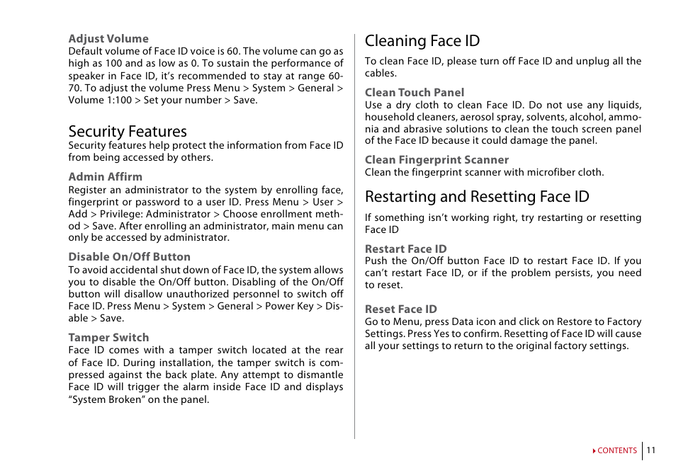 Security features, Cleaning face id, Restarting and resetting face id | FingerTec Face ID 2 (FEM 600) Manual User Manual | Page 10 / 32