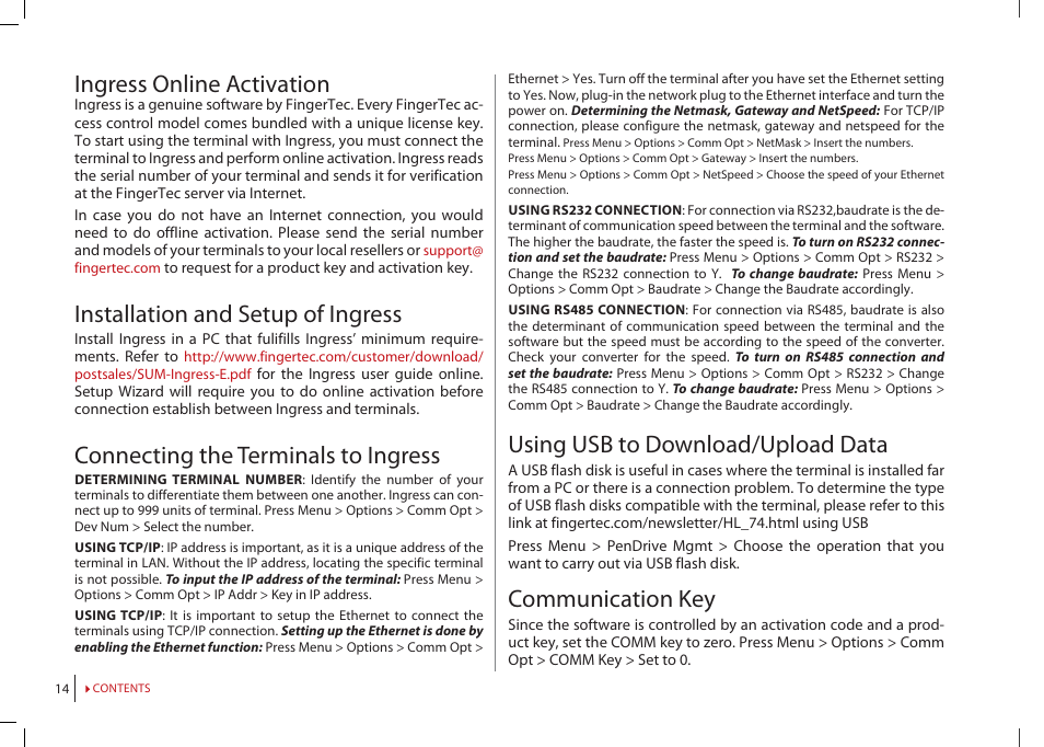 Ingress online activation, Installation and setup of ingress, Connecting the terminals to ingress | Using usb to download/upload data, Communication key | FingerTec Face ID 2 (FEM 600) Manual User Manual | Page 13 / 32