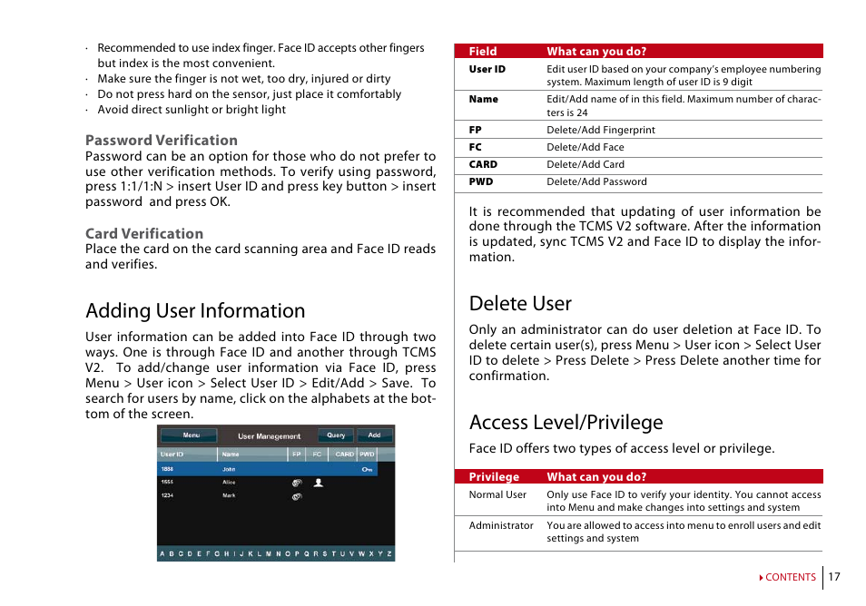 Adding user information, Delete user, Access level/privilege | FingerTec Face ID 2 (FEM 600) Manual User Manual | Page 16 / 32