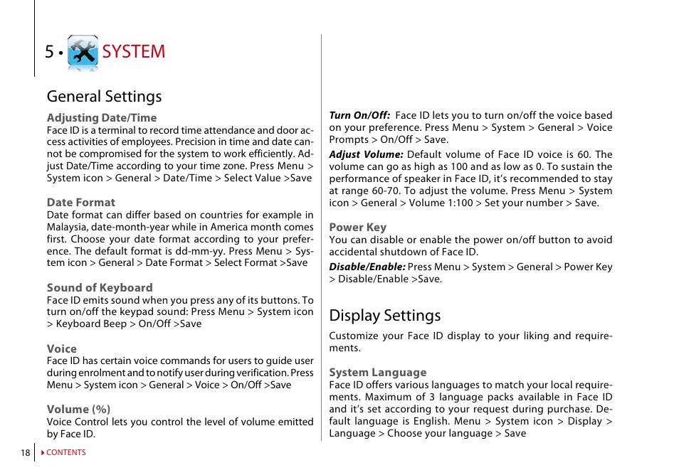 Chapter 5: system, General settings, Adjusting date/time | Date format, Sound of keyboard, Voice, Volume (%), Power key, Display settings, System language | FingerTec Face ID 2 (FEM 600) Manual User Manual | Page 17 / 32