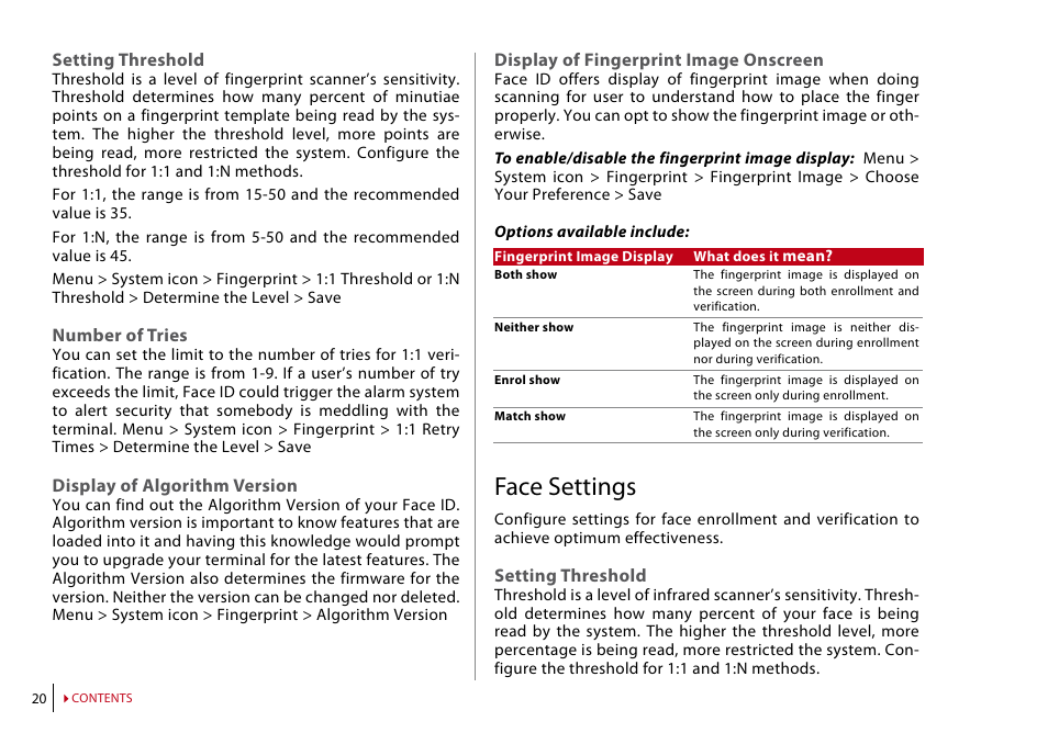 Face settings | FingerTec Face ID 2 (FEM 600) Manual User Manual | Page 19 / 32