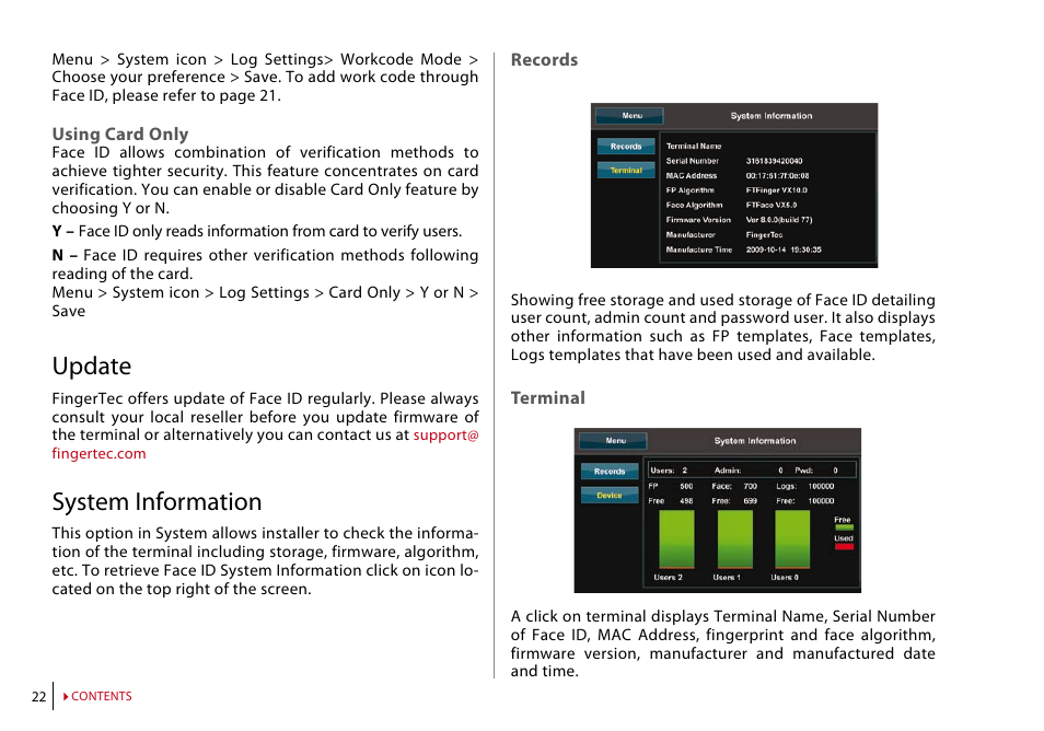 Update, System information | FingerTec Face ID 2 (FEM 600) Manual User Manual | Page 21 / 32