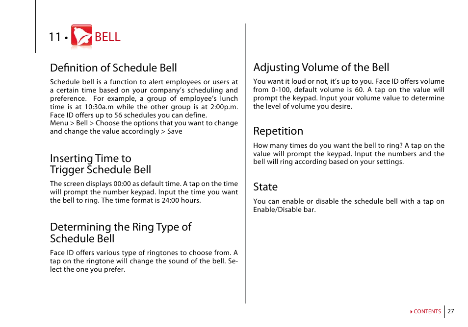 Chapter 11: bell, Definition of schedule bell, Inserting time to trigger schedule bell | Determining the ring type of schedule bell, Adjusting volume of the bell, Repetition, State, Bell | FingerTec Face ID 2 (FEM 600) Manual User Manual | Page 26 / 32