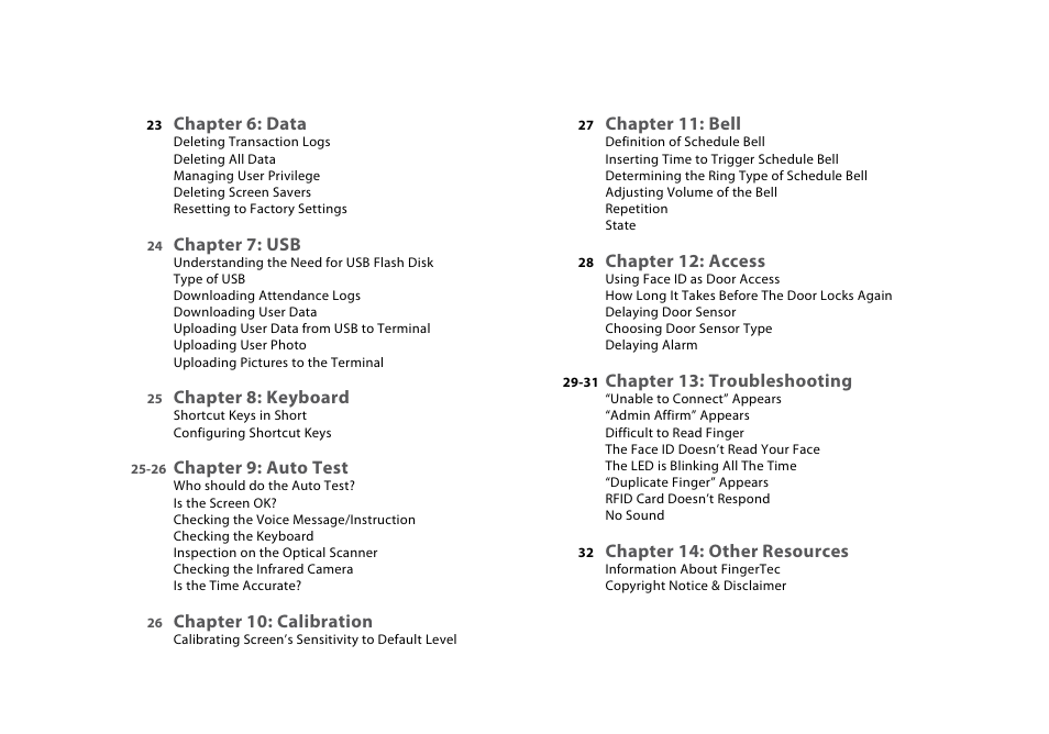 Chapter 6: data, Chapter 7: usb, Chapter 8: keyboard | Chapter 9: auto test, Chapter 10: calibration, Chapter 11: bell, Chapter 12: access, Chapter 13: troubleshooting, Chapter 14: other resources | FingerTec Face ID 2 (FEM 600) Manual User Manual | Page 3 / 32