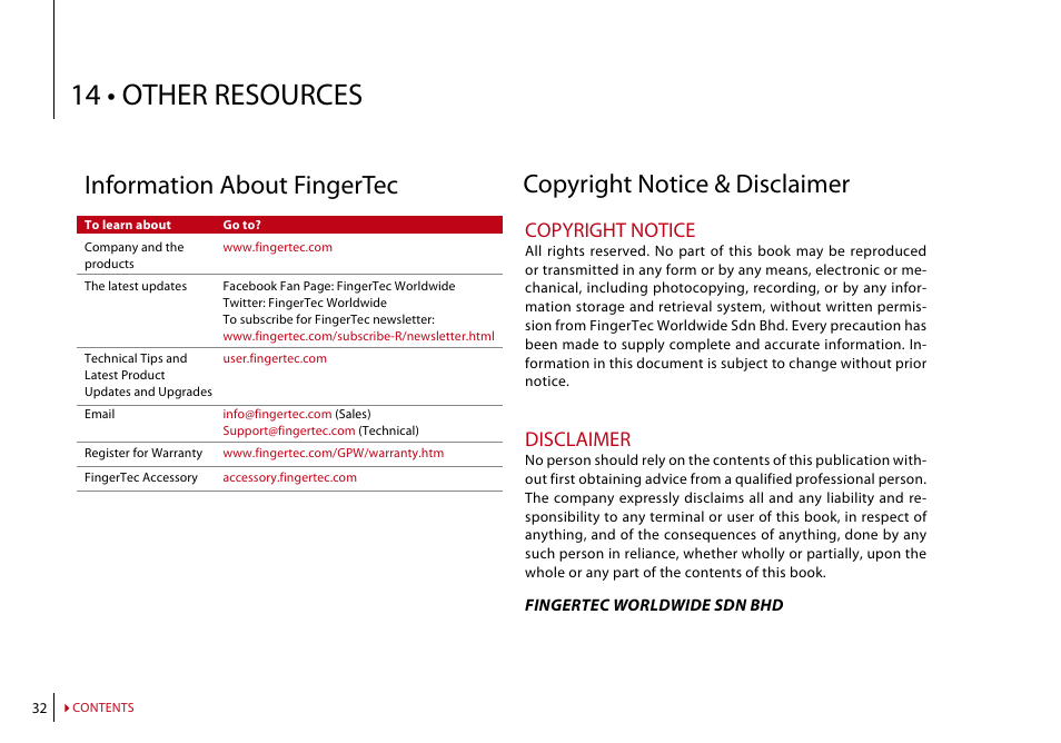 Chapter 14: other resources, Information about fingertec, Copyright notice & disclaimer | 14 • other resources, Copyright notice, Disclaimer | FingerTec Face ID 2 (FEM 600) Manual User Manual | Page 31 / 32