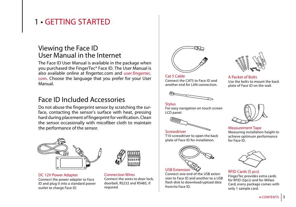 Chapter 1: getting started, Viewing the face id user manual in the internet, Face id included accessories | Face id included printed materials, Activating face id, Registering face id, 1 • getting started | FingerTec Face ID 2 (FEM 600) Manual User Manual | Page 4 / 32