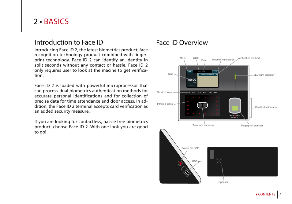 Chapter 2: basics, Introduction to face id, Face id overview | Main menu, Power on/off button, Touch keypad, Keybord, Battery, Date/time, Voice control | FingerTec Face ID 2 (FEM 600) Manual User Manual | Page 6 / 32