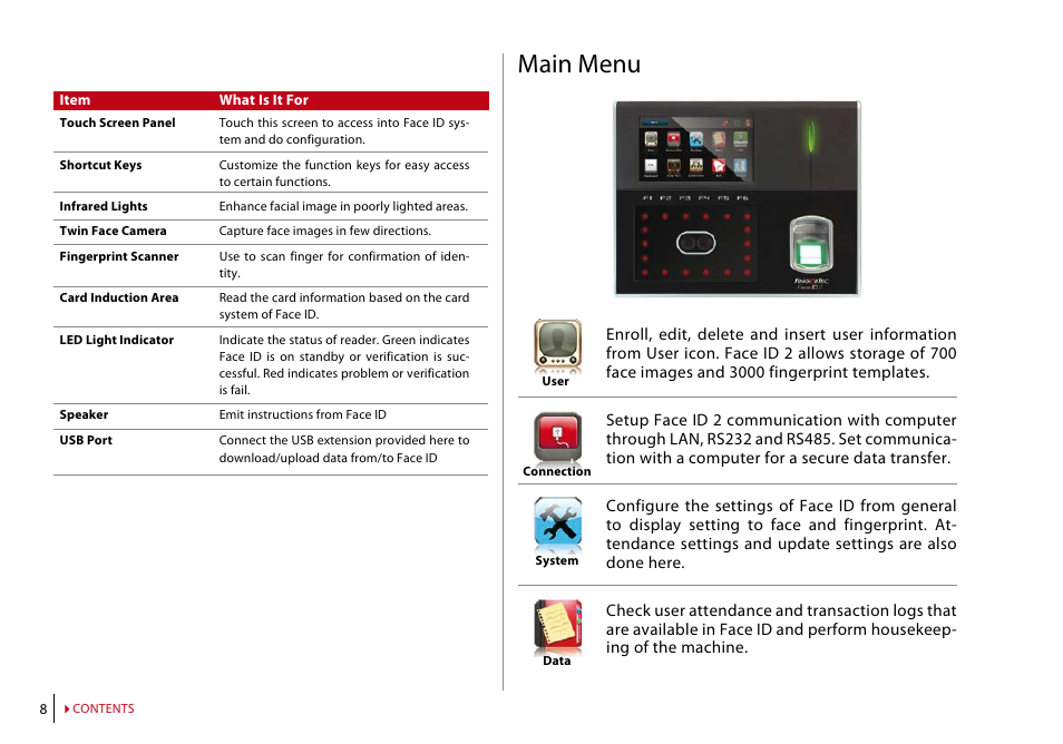 Main menu | FingerTec Face ID 2 (FEM 600) Manual User Manual | Page 7 / 32