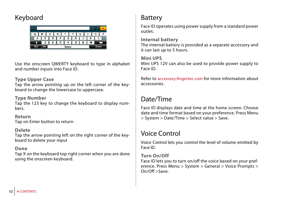 Keyboard, Battery, Date/time | Voice control | FingerTec Face ID 2 (FEM 600) Manual User Manual | Page 9 / 32