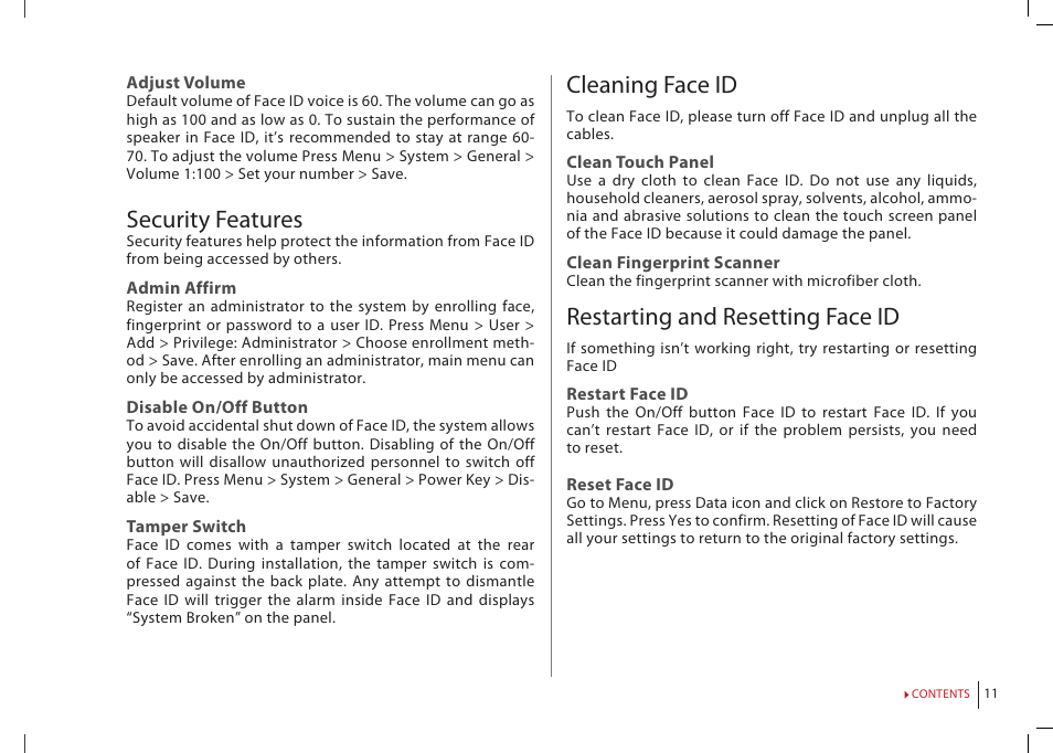 Security features, Cleaning face id, Restarting and resetting face id | FingerTec Face ID 2 (FEM 800) Manual User Manual | Page 10 / 32