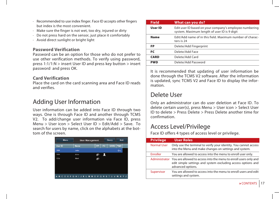 Adding user information, Delete user, Access level/privilege | Password verification, Card verification | FingerTec Face ID 2 (FEM 800) Manual User Manual | Page 16 / 32