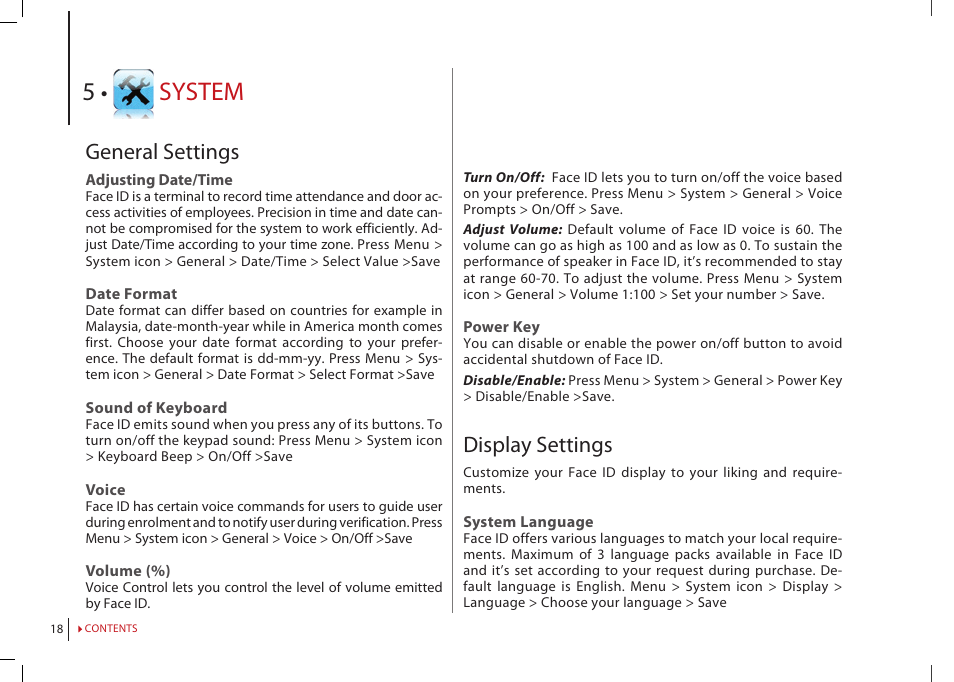 Chapter 5: system, General settings, Adjusting date/time | Date format, Sound of keyboard, Voice, Volume (%), Power key, Display settings, System language | FingerTec Face ID 2 (FEM 800) Manual User Manual | Page 17 / 32