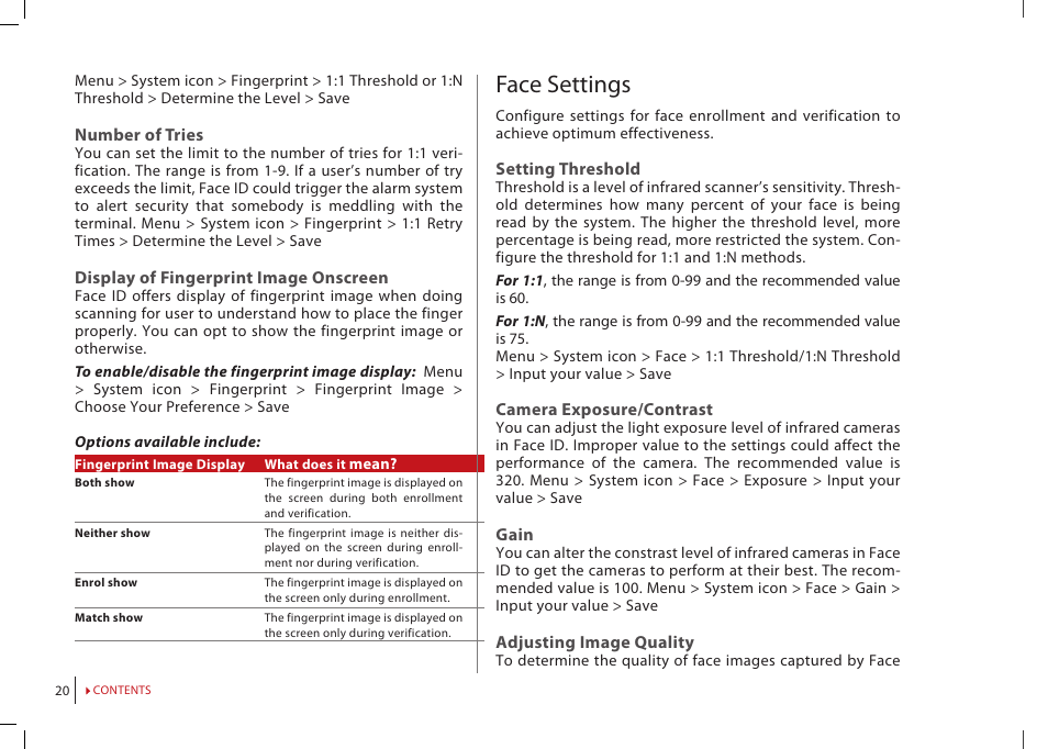 Face settings | FingerTec Face ID 2 (FEM 800) Manual User Manual | Page 19 / 32