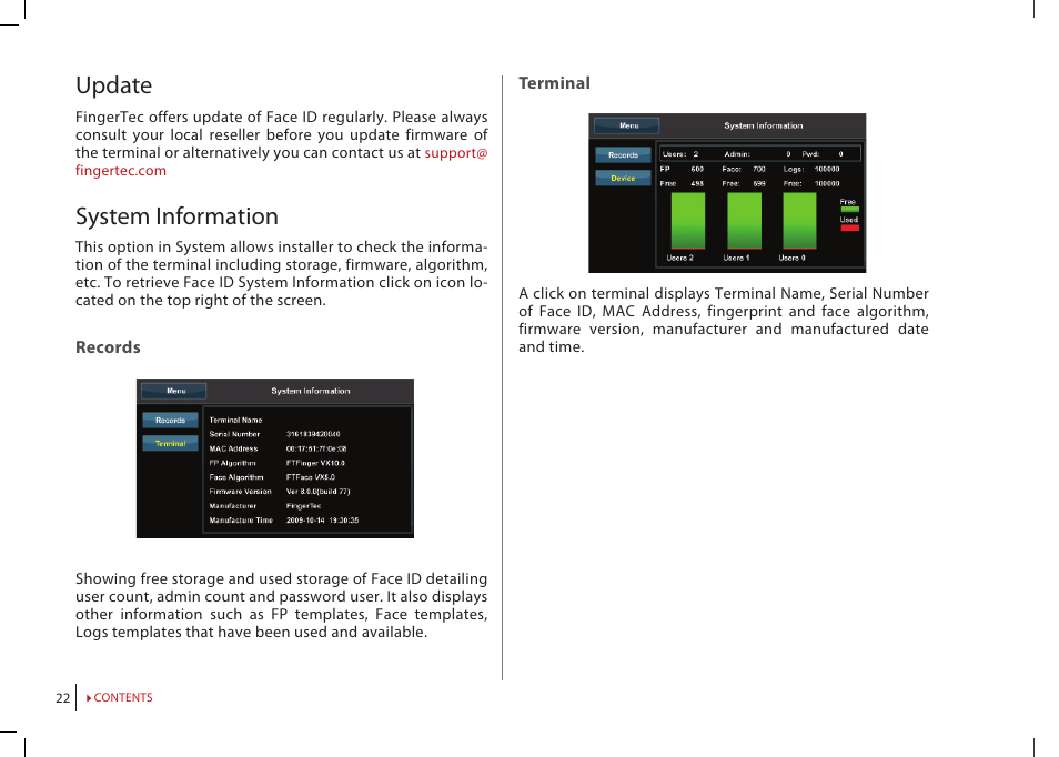 Update, System information | FingerTec Face ID 2 (FEM 800) Manual User Manual | Page 21 / 32