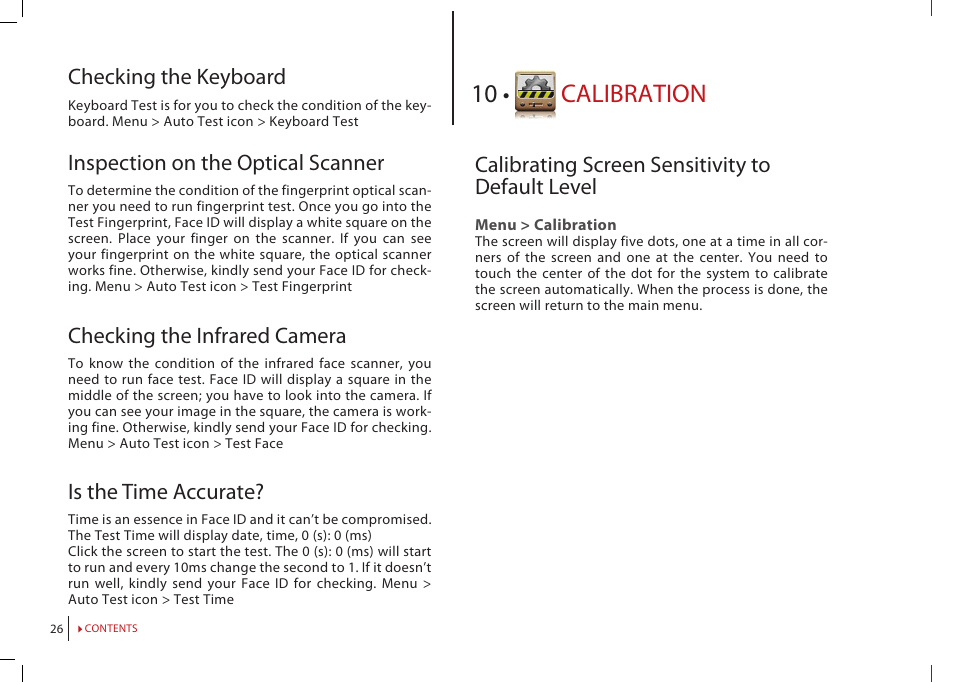 Chapter 10: calibration, Calibrating screen’s sensitivity to default level, Calibration | FingerTec Face ID 2 (FEM 800) Manual User Manual | Page 25 / 32