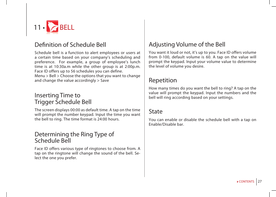 Chapter 11: bell, Definition of schedule bell, Inserting time to trigger schedule bell | Determining the ring type of schedule bell, Adjusting volume of the bell, Repetition, State, Bell | FingerTec Face ID 2 (FEM 800) Manual User Manual | Page 26 / 32