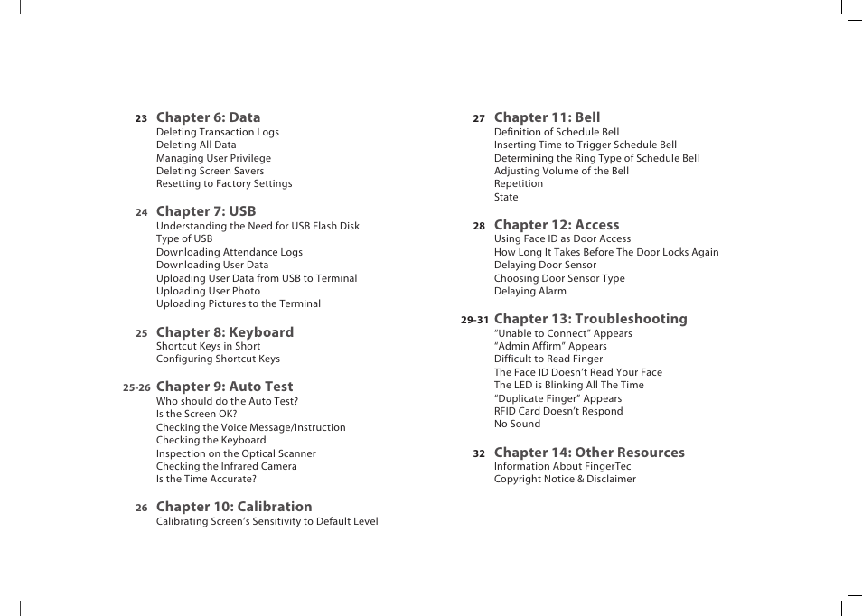 Chapter 6: data, Chapter 7: usb, Chapter 8: keyboard | Chapter 9: auto test, Chapter 10: calibration, Chapter 11: bell, Chapter 12: access, Chapter 13: troubleshooting, Chapter 14: other resources | FingerTec Face ID 2 (FEM 800) Manual User Manual | Page 3 / 32