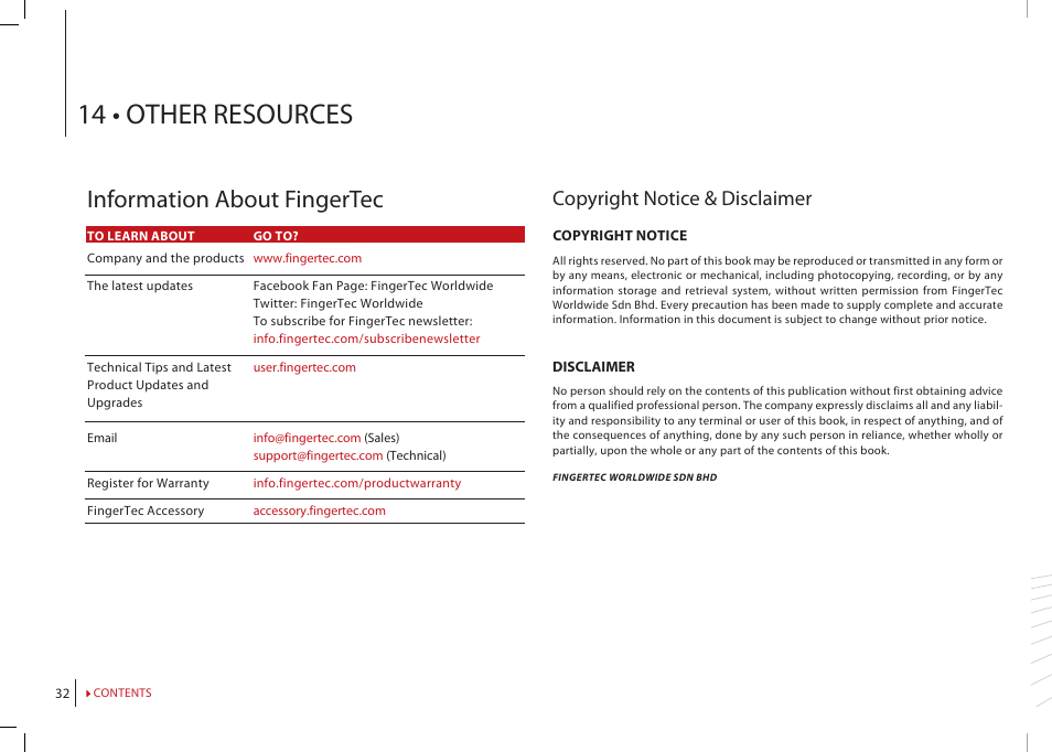 Chapter 14: other resources, Information about fingertec, Copyright notice & disclaimer | 14 • other resources | FingerTec Face ID 2 (FEM 800) Manual User Manual | Page 31 / 32