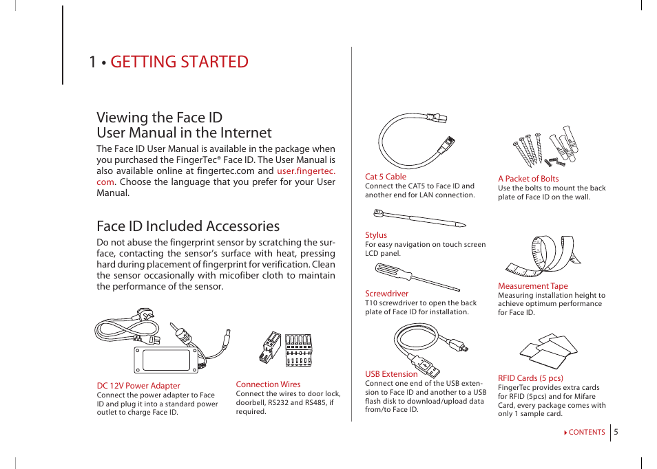 Chapter 1: getting started, Viewing the face id user manual in the internet, Face id included accessories | Face id included printed materials, Activating face id, Registering face id, 1 • getting started | FingerTec Face ID 2 (FEM 800) Manual User Manual | Page 4 / 32