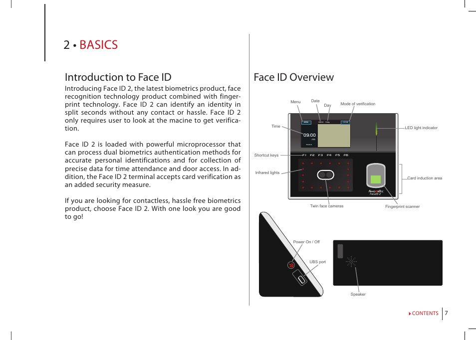 Chapter 2: basics, Introduction to face id, Face id overview | Main menu, Power on/off button, Touch keypad, Keybord, Battery, Date/time, Voice control | FingerTec Face ID 2 (FEM 800) Manual User Manual | Page 6 / 32