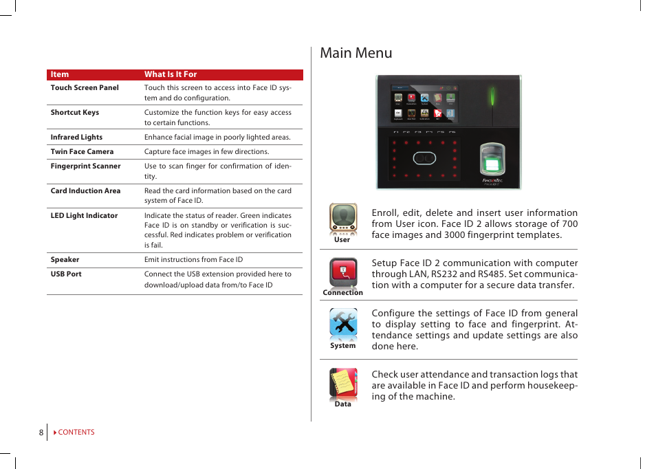 Main menu | FingerTec Face ID 2 (FEM 800) Manual User Manual | Page 7 / 32