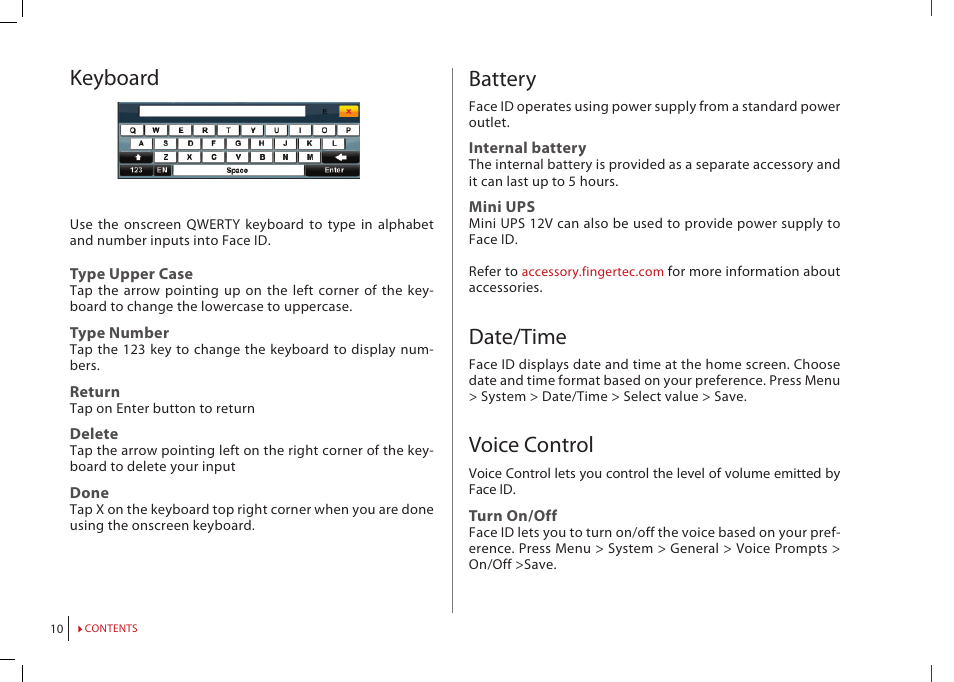 Keyboard, Battery, Date/time | Voice control | FingerTec Face ID 2 (FEM 800) Manual User Manual | Page 9 / 32