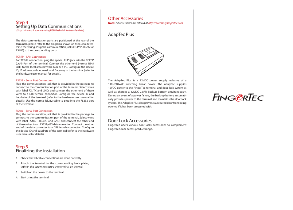Step 4 setting up data communications, Step 5 finalizing the installation, Other accessories | Adaptec plus, Door lock accessories | FingerTec Face ID 2 Installation Guide User Manual | Page 2 / 3
