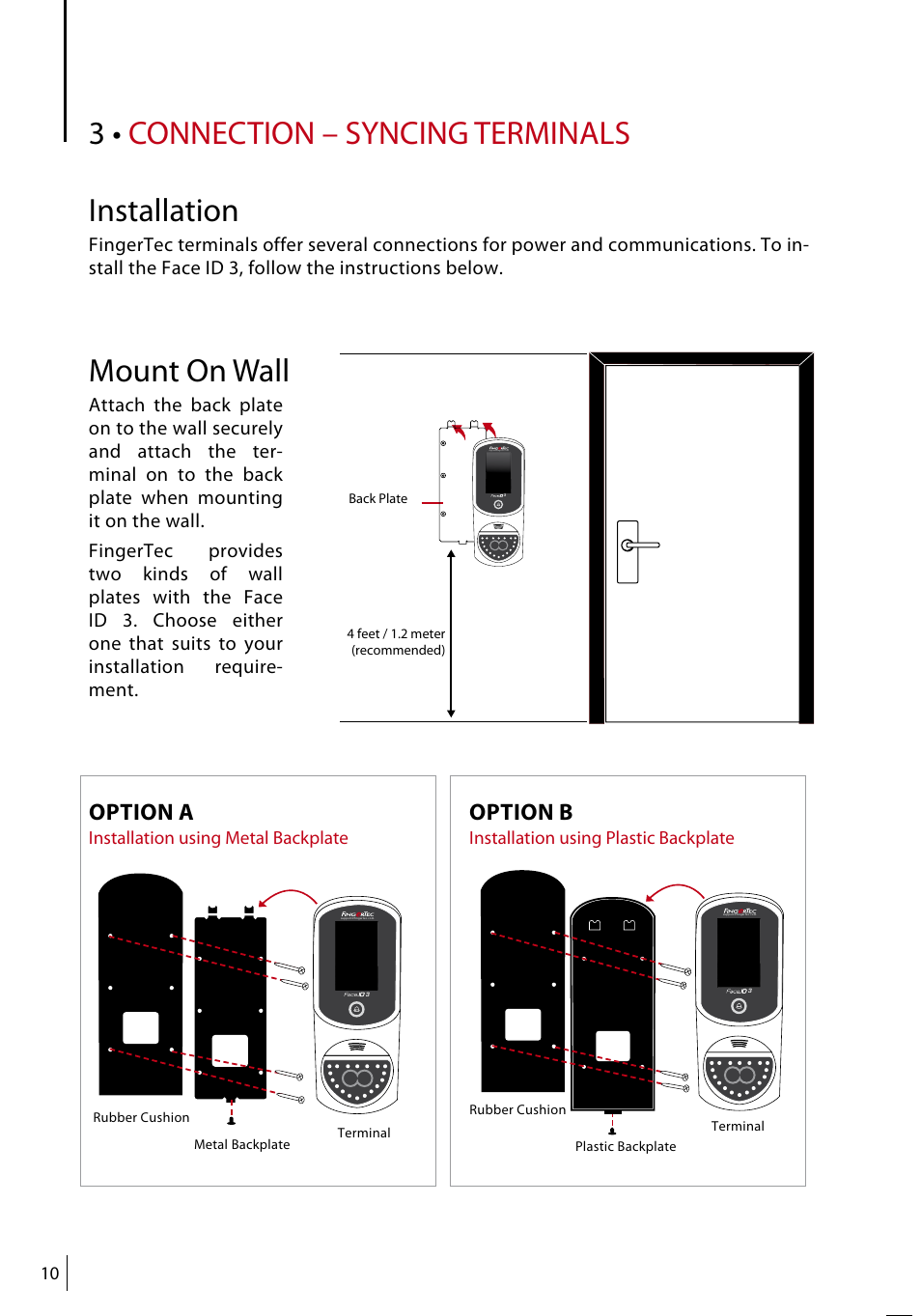 Connection – syncing terminals installation, Mount on wall, Option a | Option b | FingerTec Face ID 3 Manual User Manual | Page 10 / 35