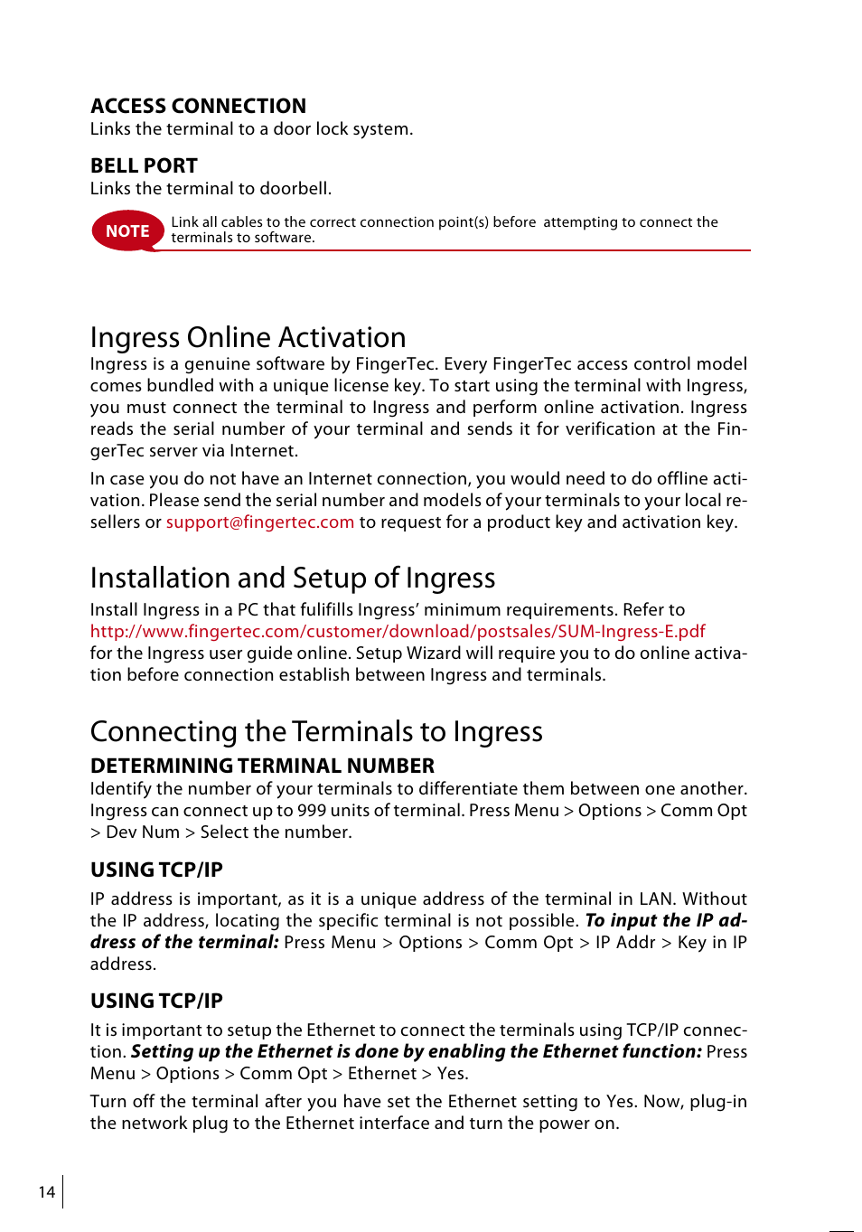 Ingress online activation, Installation and setup of ingress, Connecting the terminals to ingress | FingerTec Face ID 3 Manual User Manual | Page 14 / 35