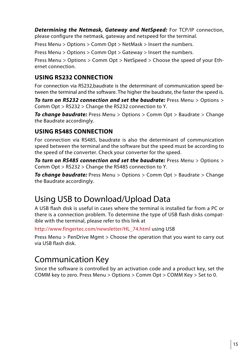 Using usb to download/upload data, Communication key | FingerTec Face ID 3 Manual User Manual | Page 15 / 35