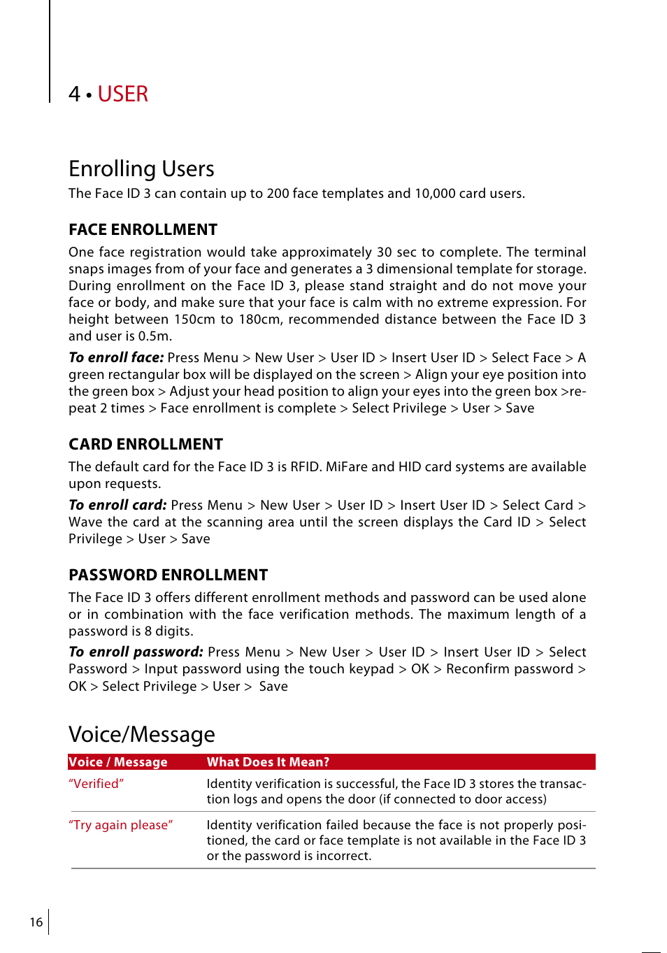 4 • user enrolling users, Voice/message | FingerTec Face ID 3 Manual User Manual | Page 16 / 35