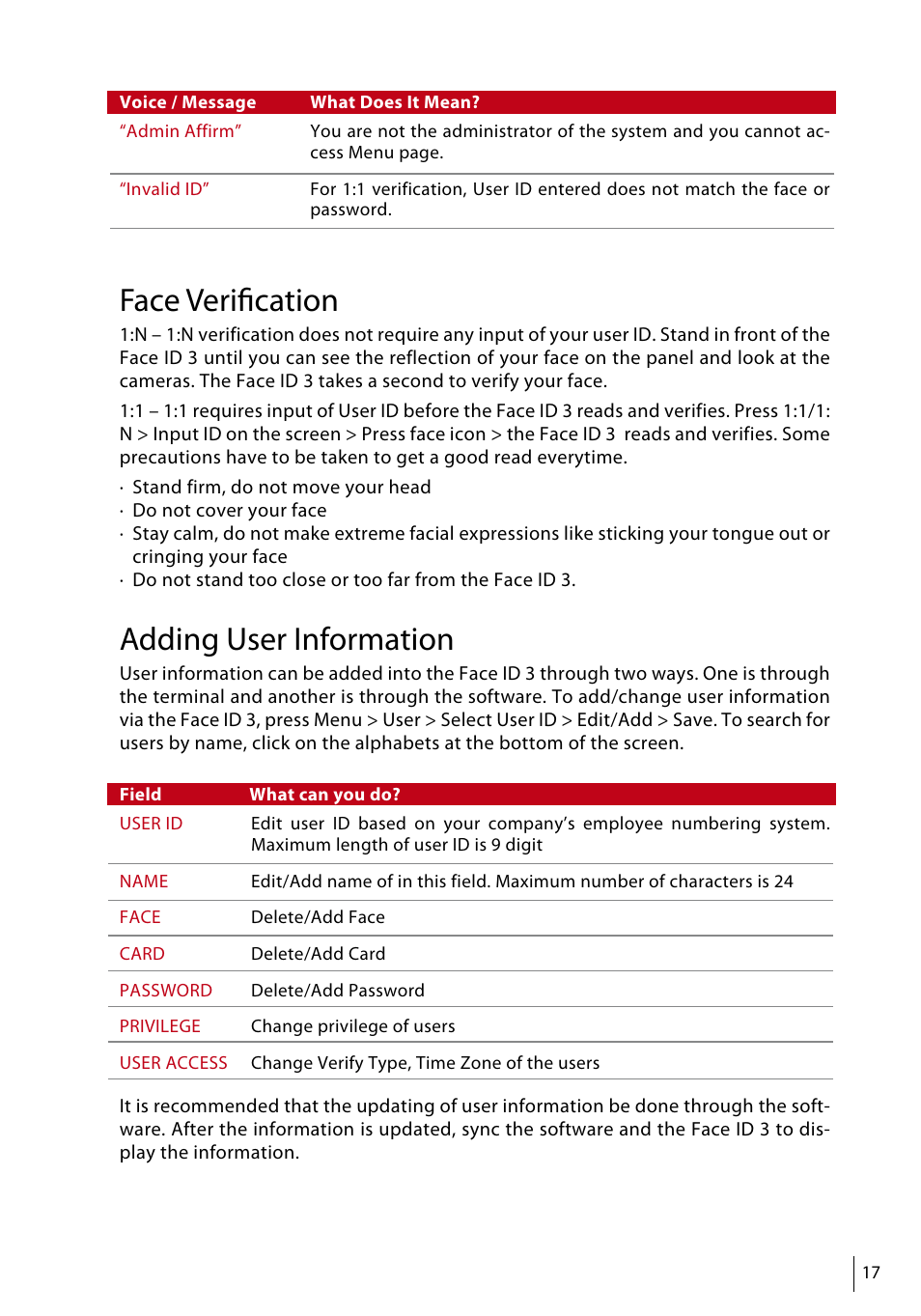 Face verification, Adding user information | FingerTec Face ID 3 Manual User Manual | Page 17 / 35
