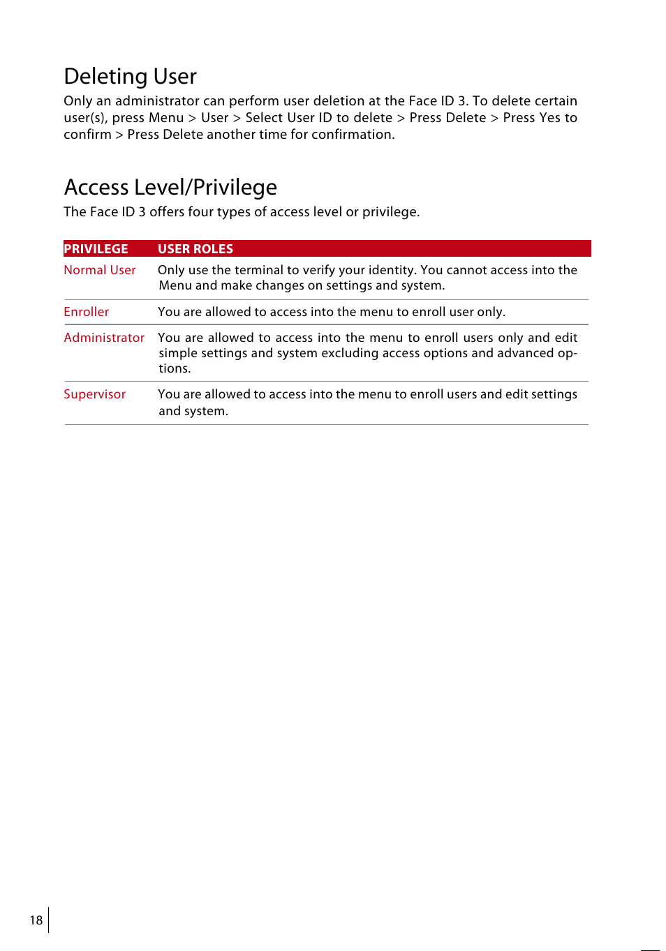 Deleting user, Access level/privilege | FingerTec Face ID 3 Manual User Manual | Page 18 / 35