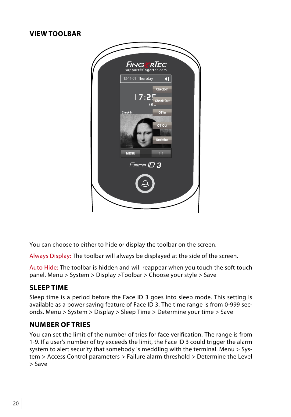 View toolbar, Sleep time, Number of tries | FingerTec Face ID 3 Manual User Manual | Page 20 / 35